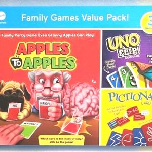 Mattel 3 Game Value Pack Apples to Apples Uno Flip & Pictionary Card